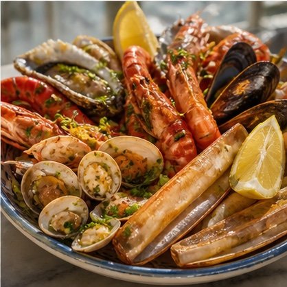 Shared platter of prawns, mussels, clams, razor clams, and lemon