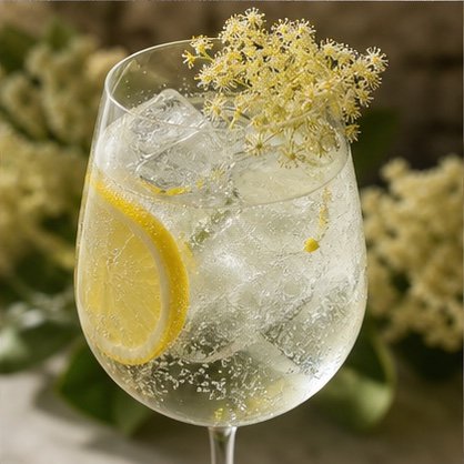 Elderflower spritz with clear ice, lemon, and fresh blossoms