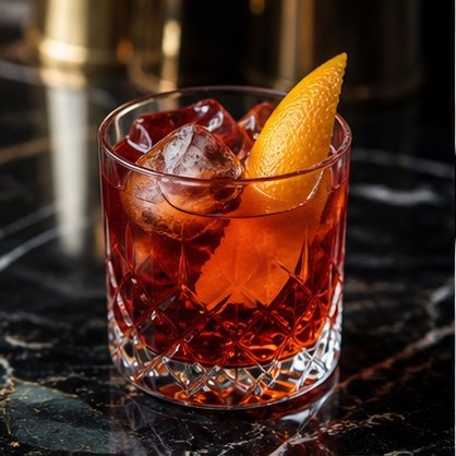 Ruby negroni over clear ice with an orange peel