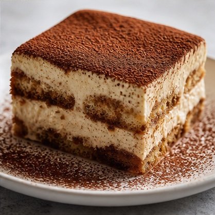 Neat tiramisu slice with cocoa-dusted mascarpone layers